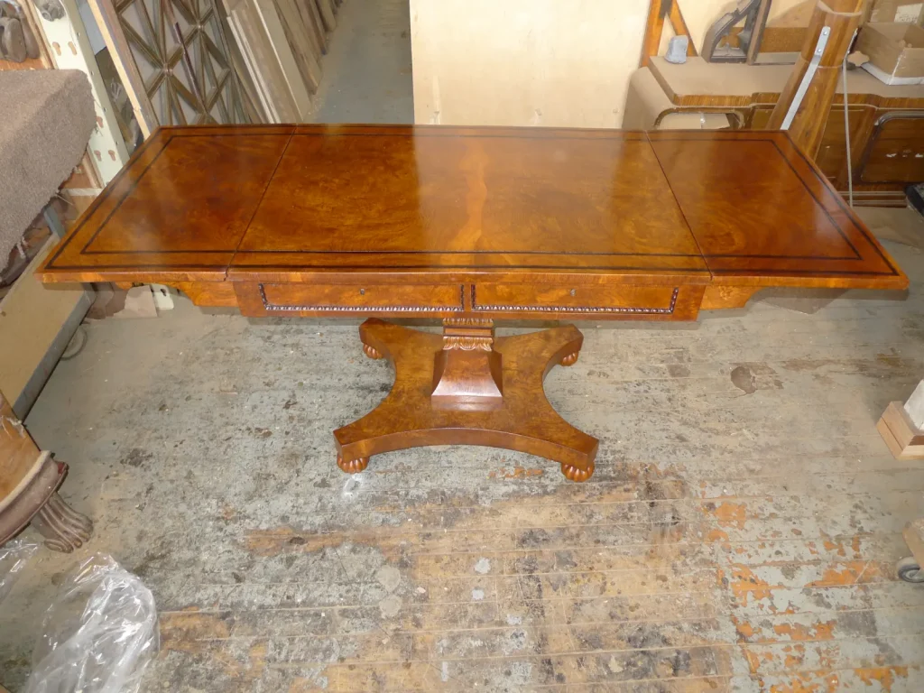 American Empire Burl Chestnut Drop Leaf Table — Refinishing — After