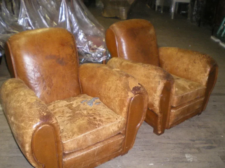 Art Deco French Leather Club Chairs — Reupholstery — before restoration by Olek Inc.